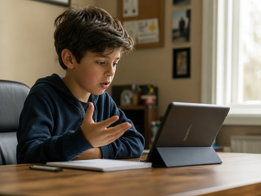A child speaking thoughtfully to a tablet, deeply engaged in thinking